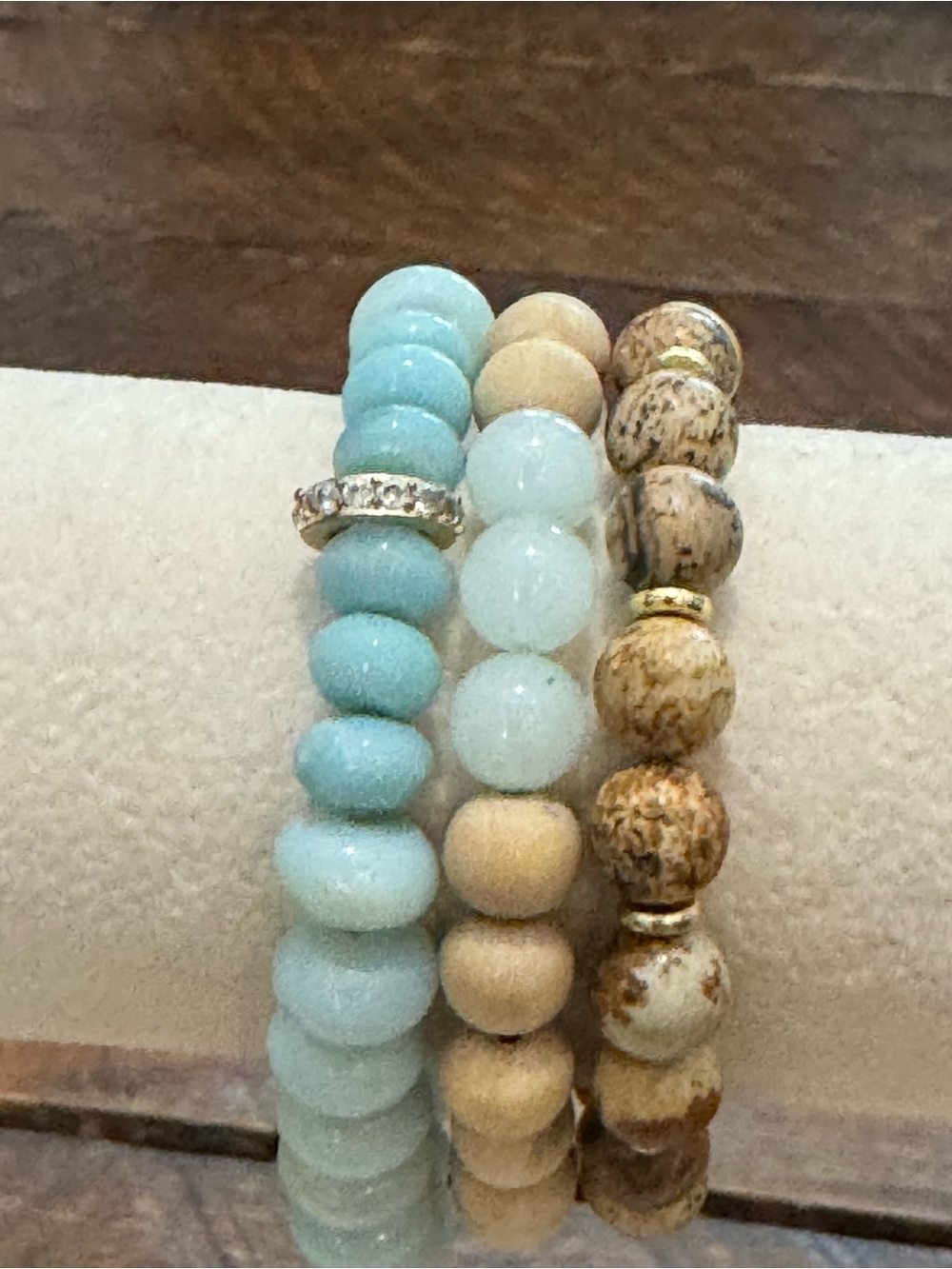 3pc Boho Beaded Stretch Bracelet Set Blue Wood Jasper Style Stack